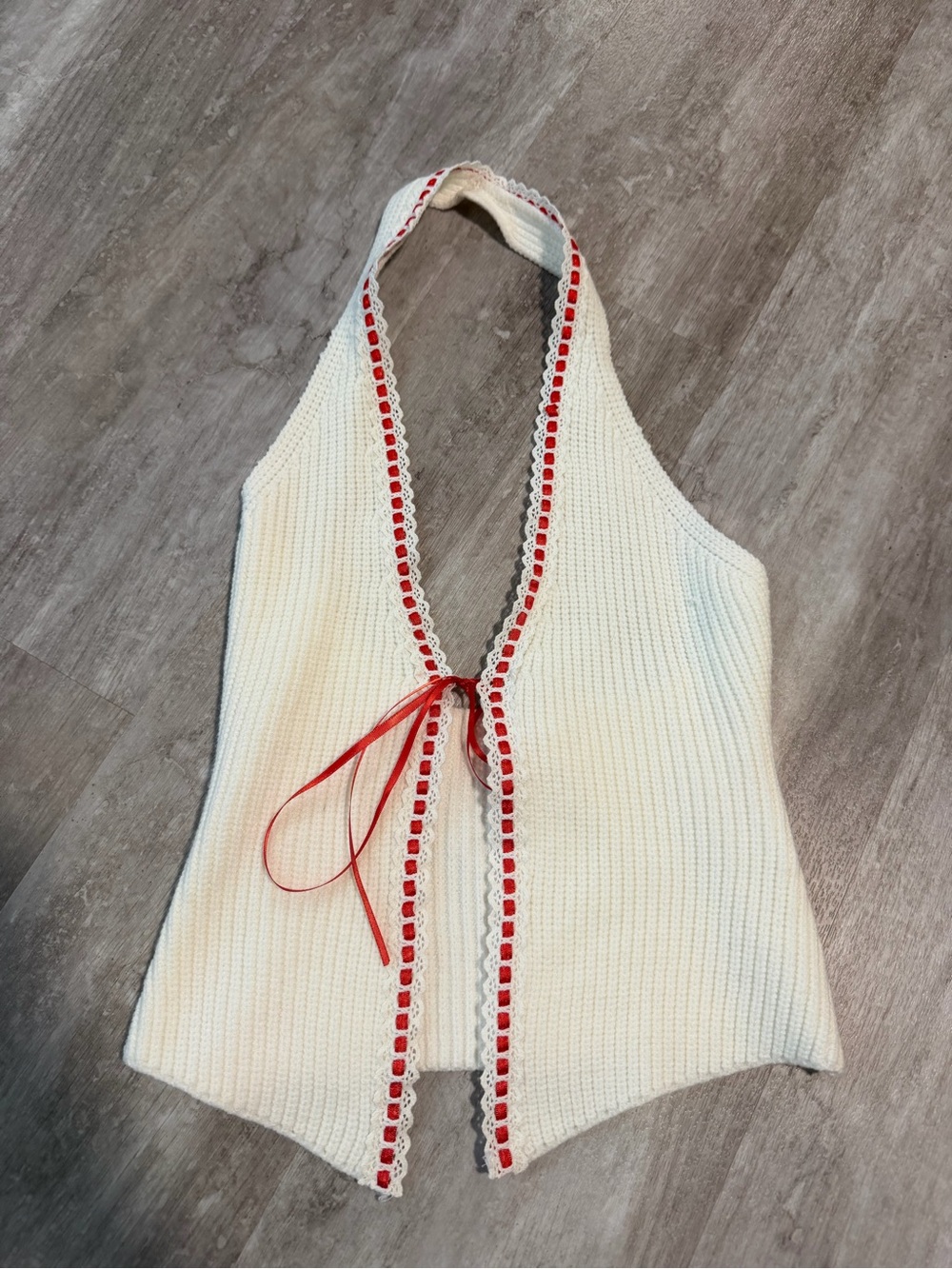 Cream Halter Knit Top with Red Trim